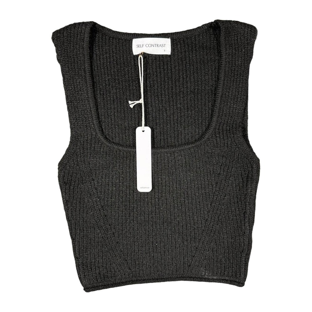 Self Contrast Womens Black Ribbed Square‎ Neck Sleeveless Knit Crop Top S NWT